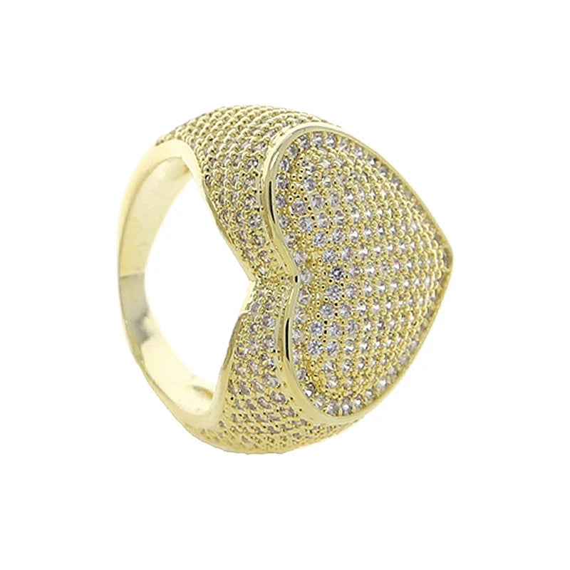 Iced heart statement ring with crystal stones in gold tone — Solara Gold