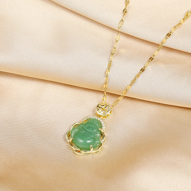 Lucky jade Buddha pendant necklace with gold chain — Solara Gold