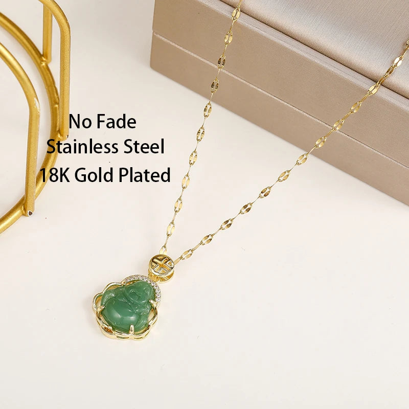 Lucky jade Buddha pendant necklace with gold chain — Solara Gold