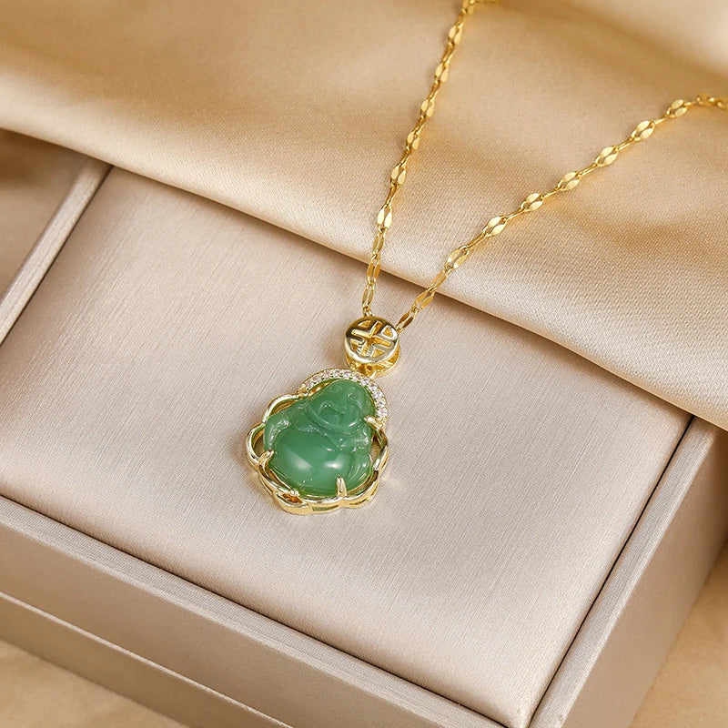 Lucky jade Buddha pendant necklace with gold chain — Solara Gold