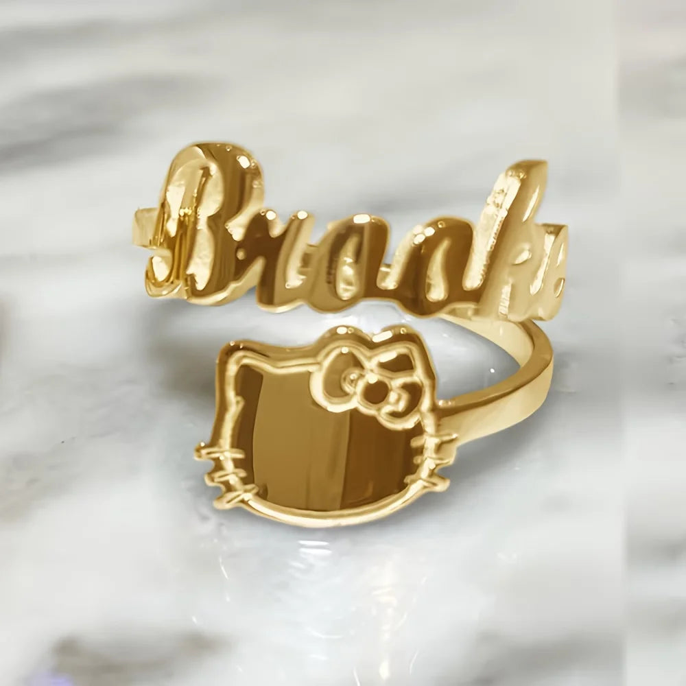 Personalized Hello Kitty bow name ring in gold tone, resizable — Solara Gold