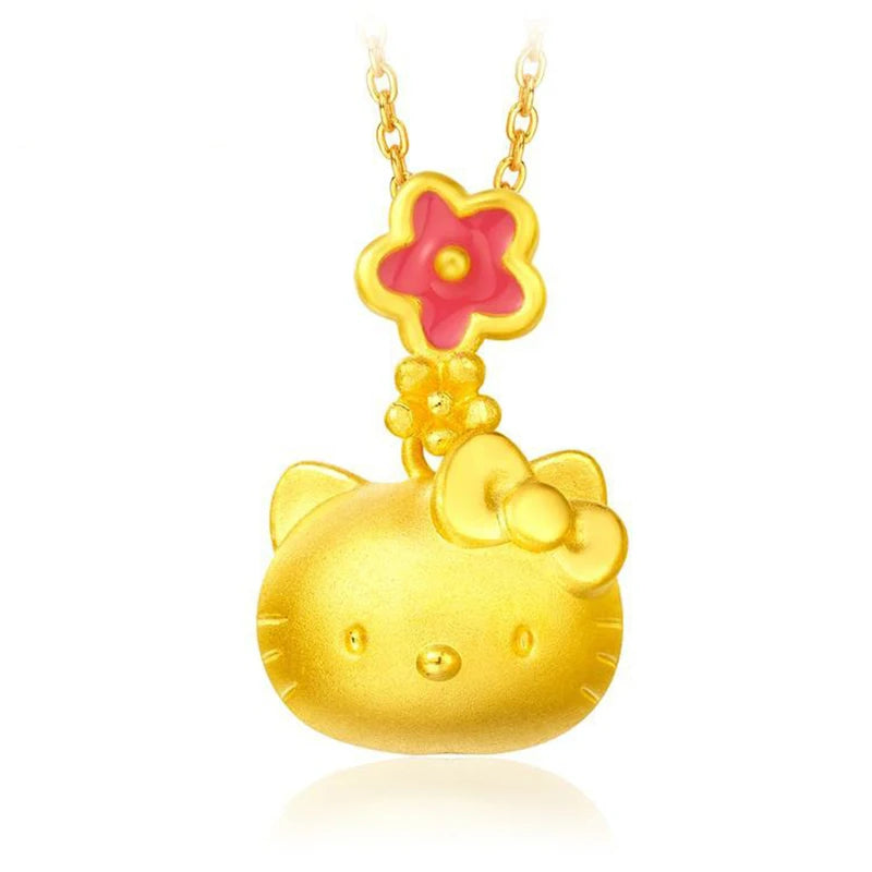 Gold pendant shaped like a cartoon character with a pink flower on a white background
