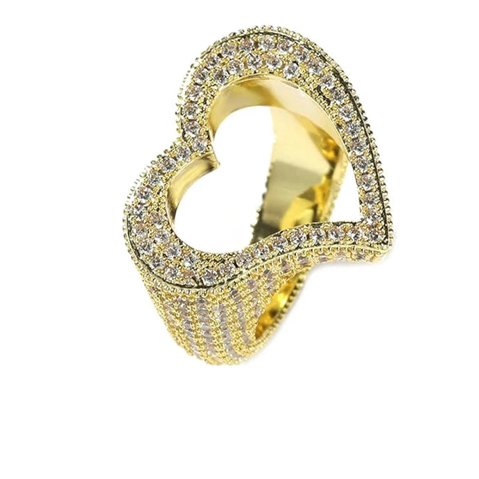 Iced heart statement ring with crystal stones in gold tone — Solara Gold