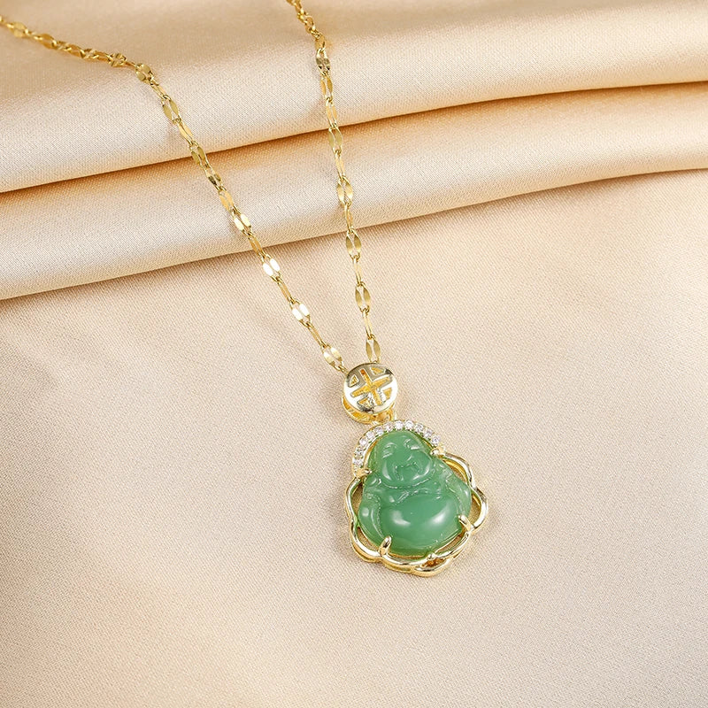 Lucky jade Buddha pendant necklace with gold chain — Solara Gold